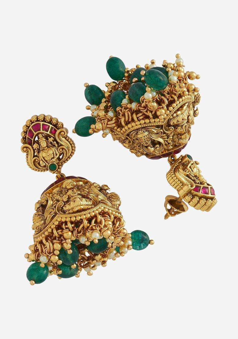 92.5 Pure Silver Gold-Plated Stones Studded Dome Shaped Jhumkas Earrings for Women | Traditional Temple Jewellery for Wedding & Festive Wear | Gift for Her - Indya