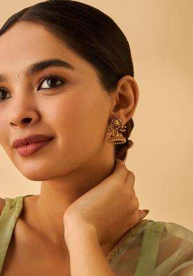 92.5 Pure Silver Gold-Plated Stone Studded Dome Shaped Jhumkas Earrings for Women | Traditional Temple Jewellery for Wedding & Festive Wear | Gift for Her