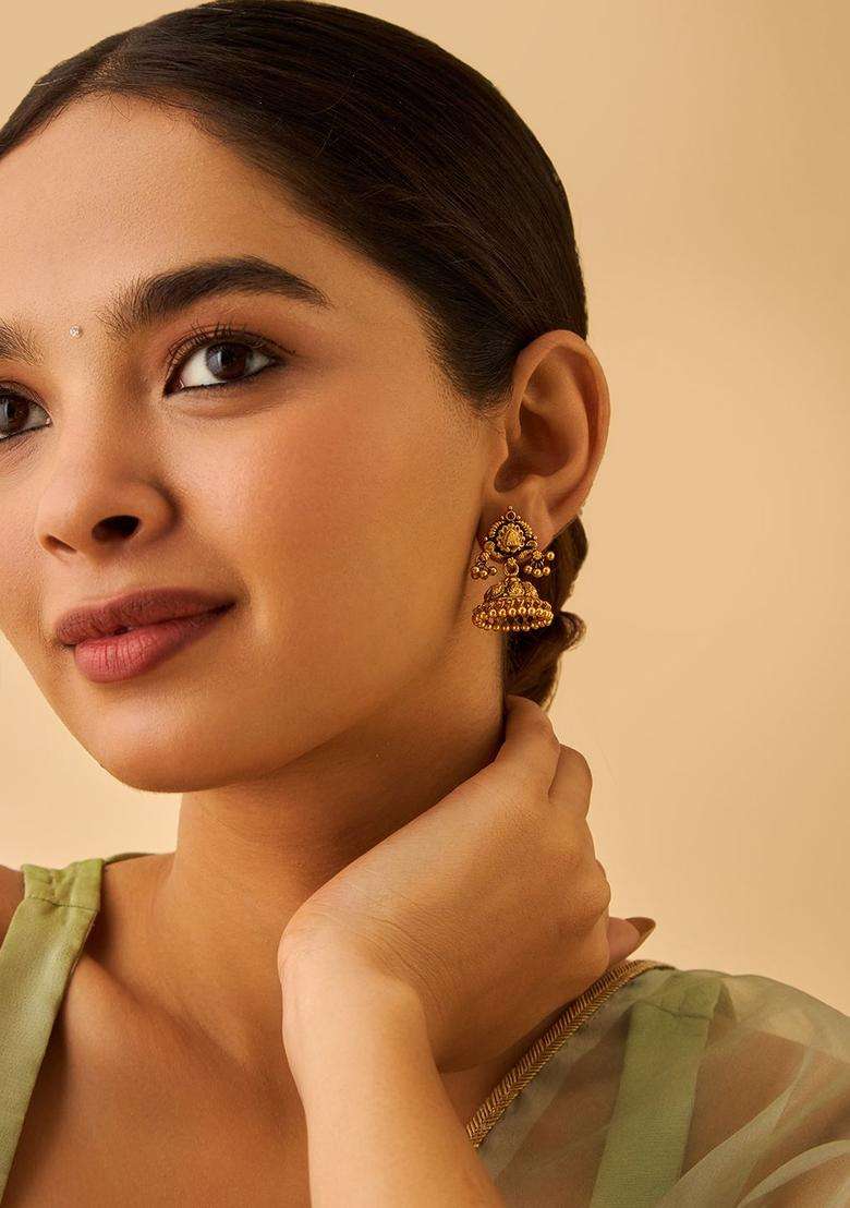 92.5 Pure Silver Gold-Plated Stone Studded Dome Shaped Jhumkas Earrings for Women | Traditional Temple Jewellery for Wedding & Festive Wear | Gift for Her - Indya