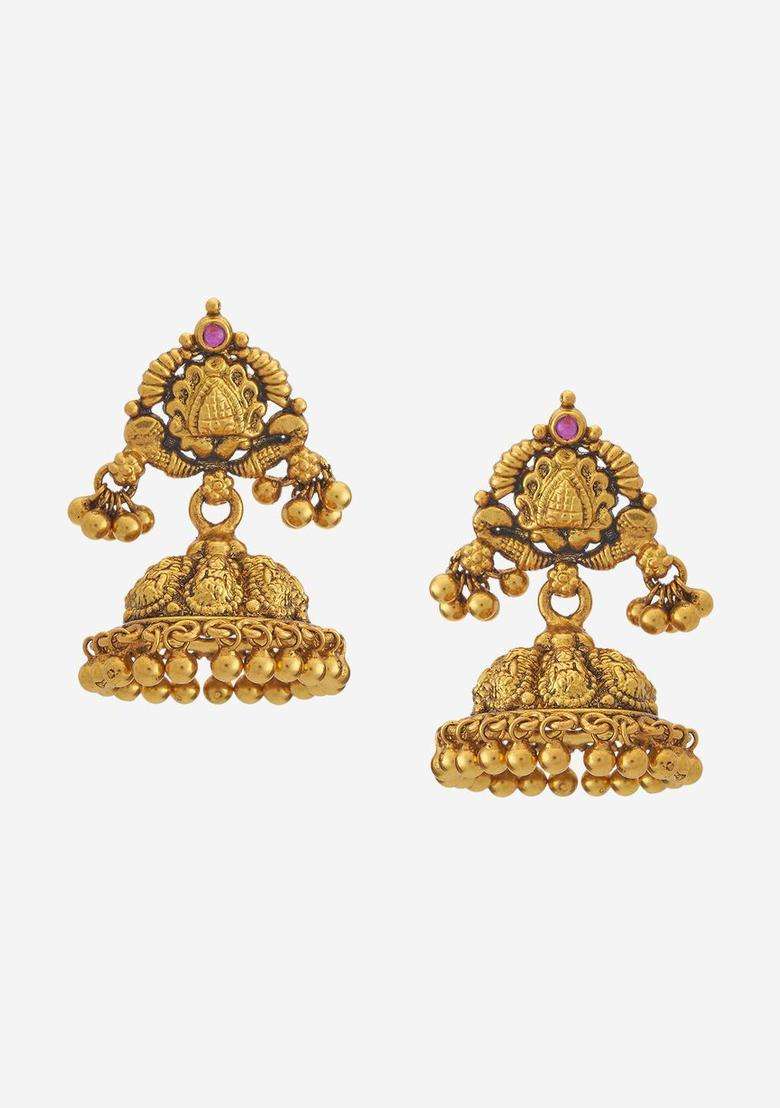 92.5 Pure Silver Gold-Plated Stone Studded Dome Shaped Jhumkas Earrings for Women | Traditional Temple Jewellery for Wedding & Festive Wear | Gift for Her - Indya