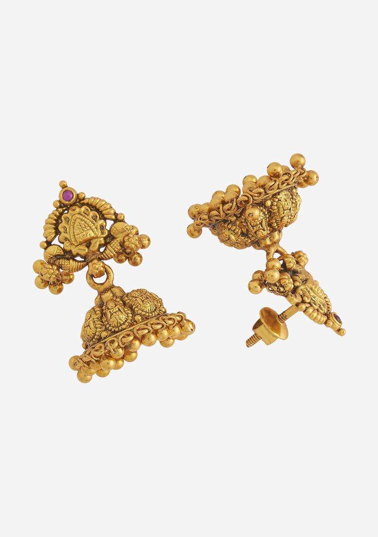 92.5 Pure Silver Gold-Plated Stone Studded Dome Shaped Jhumkas Earrings for Women | Traditional Temple Jewellery for Wedding & Festive Wear | Gift for Her - Indya