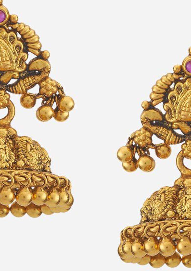 92.5 Pure Silver Gold-Plated Stone Studded Dome Shaped Jhumkas Earrings for Women | Traditional Temple Jewellery for Wedding & Festive Wear | Gift for Her - Indya