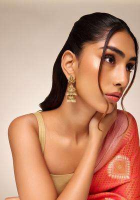 Geometric Jhumkas Gold-Plated Ruby Bridal Earrings for Women | Traditional Temple Jewellery for Wedding & Festive Wear | Gift for Her