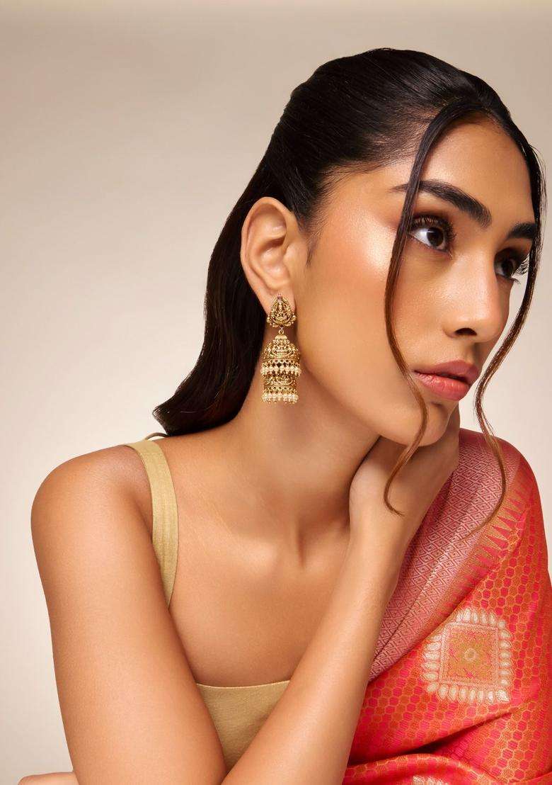 Geometric Jhumkas Gold-Plated Ruby Bridal Earrings for Women | Traditional Temple Jewellery for Wedding & Festive Wear | Gift for Her - Indya