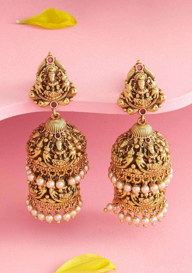 Geometric Jhumkas Gold-Plated Ruby Bridal Earrings for Women | Traditional Temple Jewellery for Wedding & Festive Wear | Gift for Her - Indya