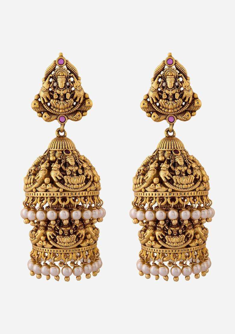 Geometric Jhumkas Gold-Plated Ruby Bridal Earrings for Women | Traditional Temple Jewellery for Wedding & Festive Wear | Gift for Her - Indya