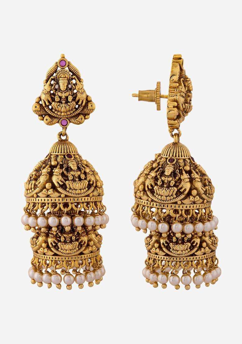 Geometric Jhumkas Gold-Plated Ruby Bridal Earrings for Women | Traditional Temple Jewellery for Wedding & Festive Wear | Gift for Her - Indya