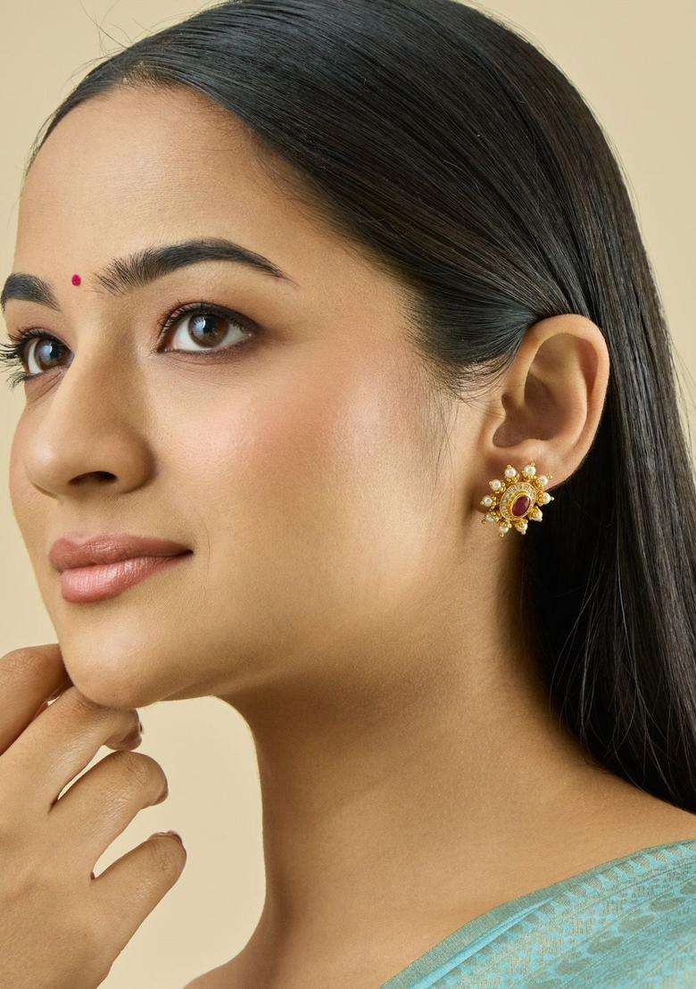 Zircon Kushals Gold-Plated Studs for Women | Traditional Temple Jewellery for Wedding & Festive Wear | Gift for Her - Indya