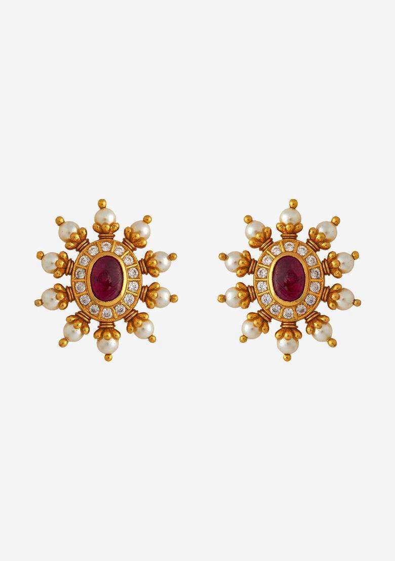 Zircon Kushals Gold-Plated Studs for Women | Traditional Temple Jewellery for Wedding & Festive Wear | Gift for Her - Indya