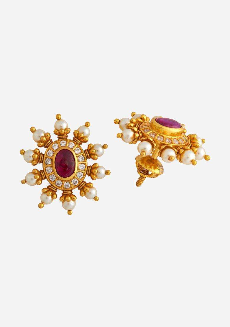 Zircon Kushals Gold-Plated Studs for Women | Traditional Temple Jewellery for Wedding & Festive Wear | Gift for Her - Indya