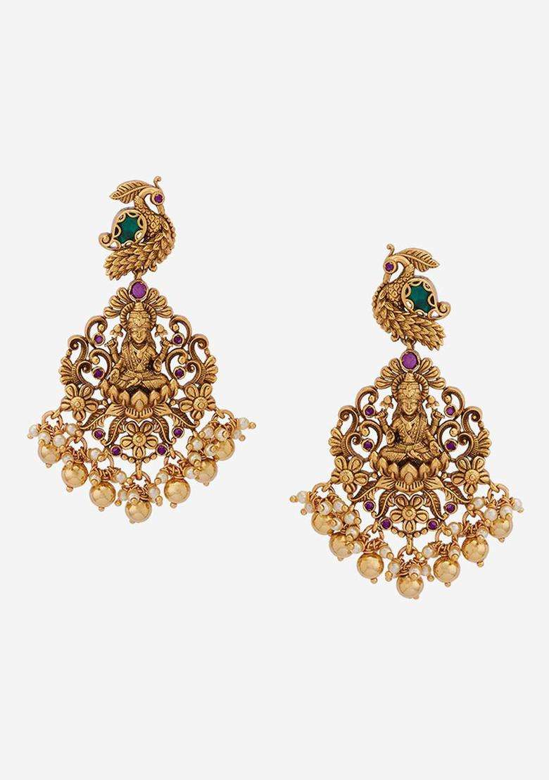 Gold-Plated Embellished Bridal Beaded 92.5 Silver Drop Earrings for Women | Traditional Temple Jewellery for Wedding & Festive Wear | Gift for Her - Indya