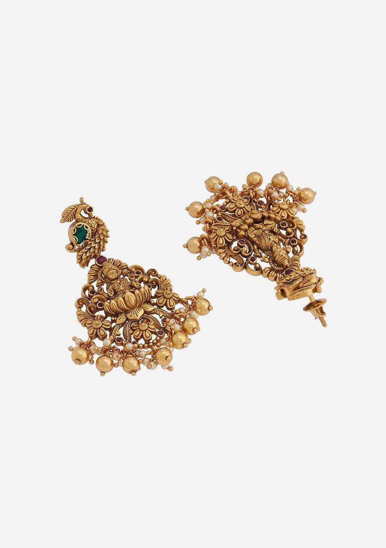 Gold-Plated Embellished Bridal Beaded 92.5 Silver Drop Earrings for Women | Traditional Temple Jewellery for Wedding & Festive Wear | Gift for Her - Indya