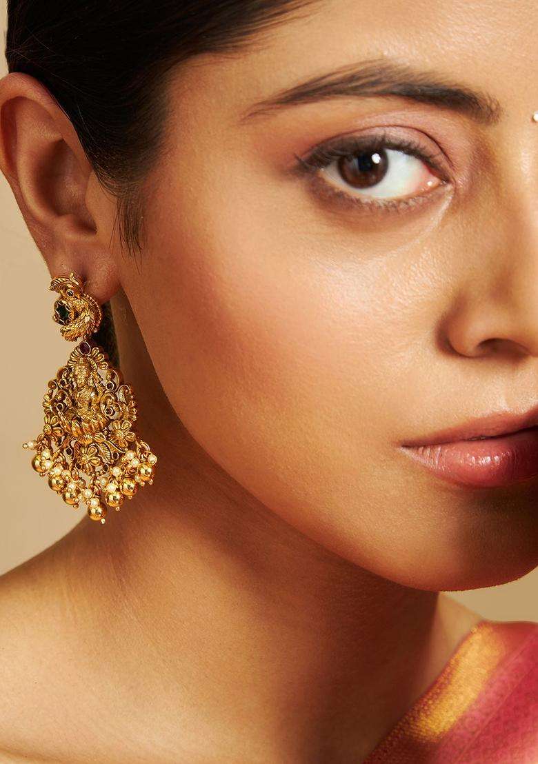 Gold-Plated Embellished Bridal Beaded 92.5 Silver Drop Earrings for Women | Traditional Temple Jewellery for Wedding & Festive Wear | Gift for Her - Indya