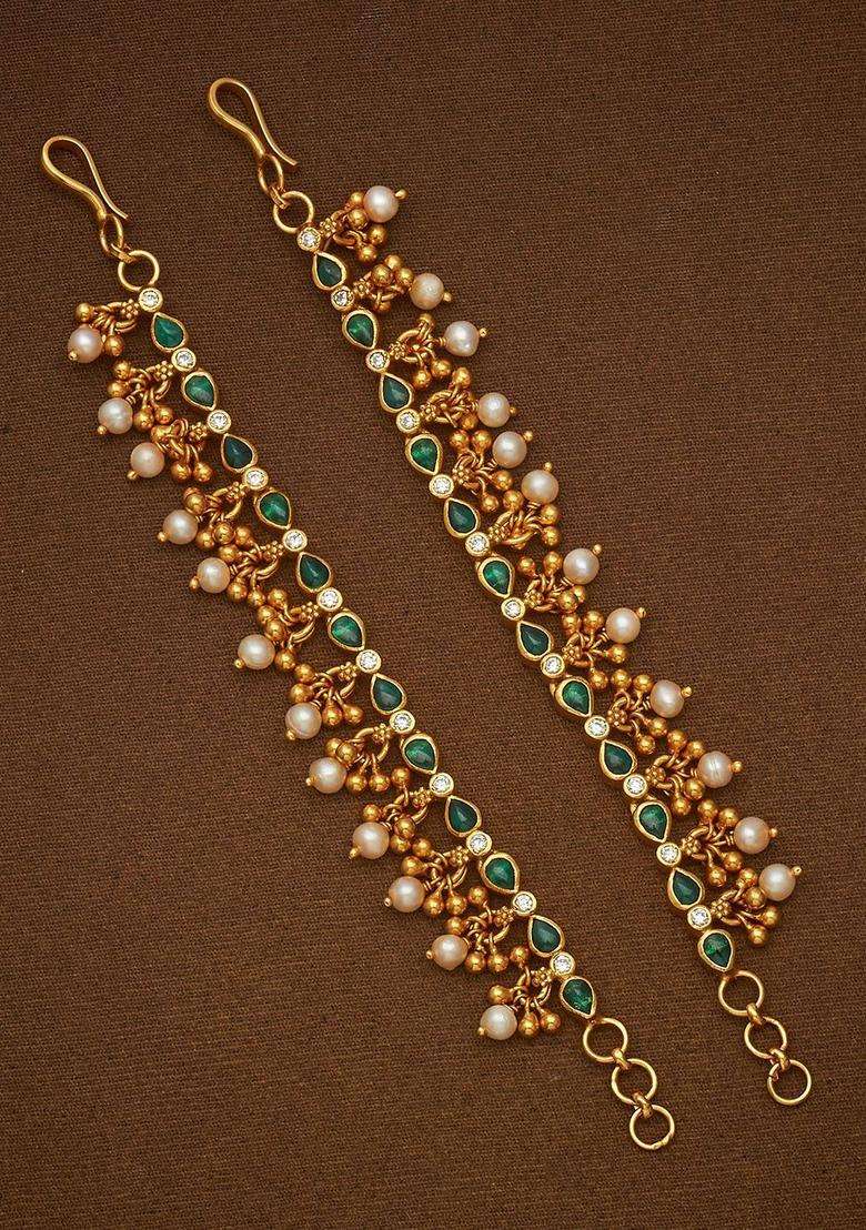 92.5 Silver Gold-Plated Studded & Beaded Matil Chain Earrings for Women | Traditional Temple Jewellery for Wedding & Festive Wear | Gift for Her - Indya