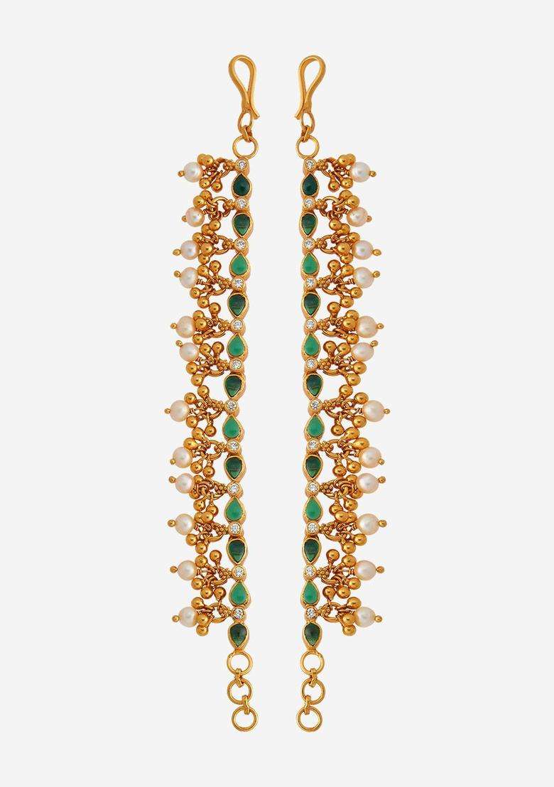 92.5 Silver Gold-Plated Studded & Beaded Matil Chain Earrings for Women | Traditional Temple Jewellery for Wedding & Festive Wear | Gift for Her - Indya