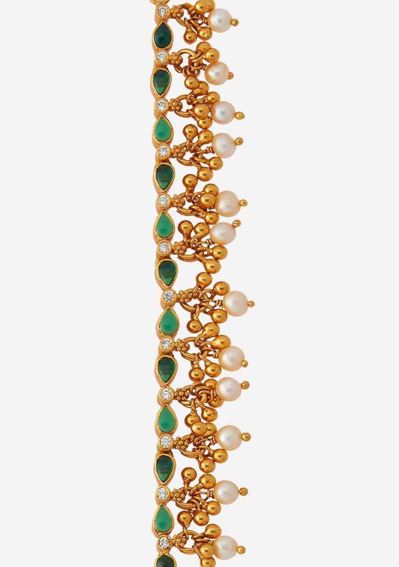 92.5 Silver Gold-Plated Studded & Beaded Matil Chain Earrings for Women | Traditional Temple Jewellery for Wedding & Festive Wear | Gift for Her - Indya