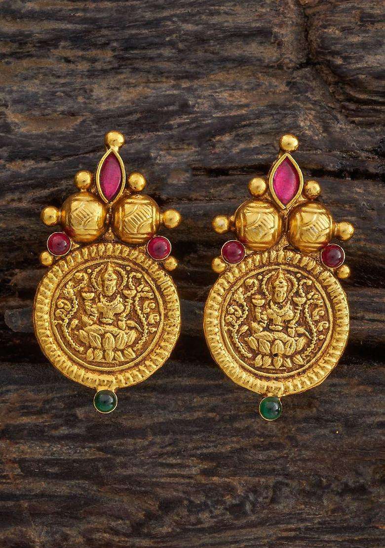 Embellished Bridal 92.5 Silver Gold-Plated Stone Temple Studs for Women | Traditional Temple Jewellery for Wedding & Festive Wear | Gift for Her - Indya