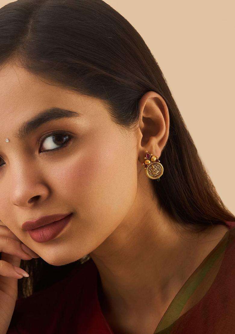 Embellished Bridal 92.5 Silver Gold-Plated Stone Temple Studs for Women | Traditional Temple Jewellery for Wedding & Festive Wear | Gift for Her - Indya