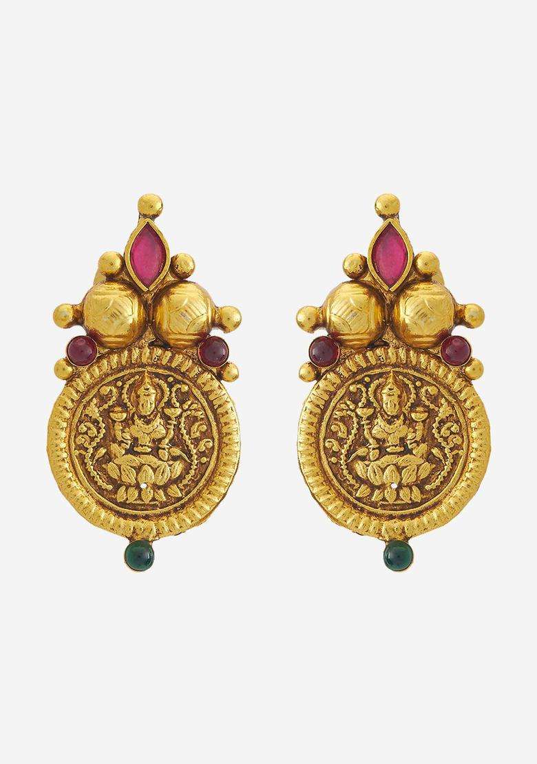 Embellished Bridal 92.5 Silver Gold-Plated Stone Temple Studs for Women | Traditional Temple Jewellery for Wedding & Festive Wear | Gift for Her - Indya