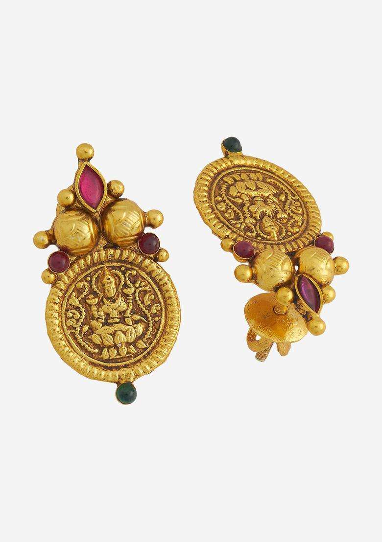Embellished Bridal 92.5 Silver Gold-Plated Stone Temple Studs for Women | Traditional Temple Jewellery for Wedding & Festive Wear | Gift for Her - Indya