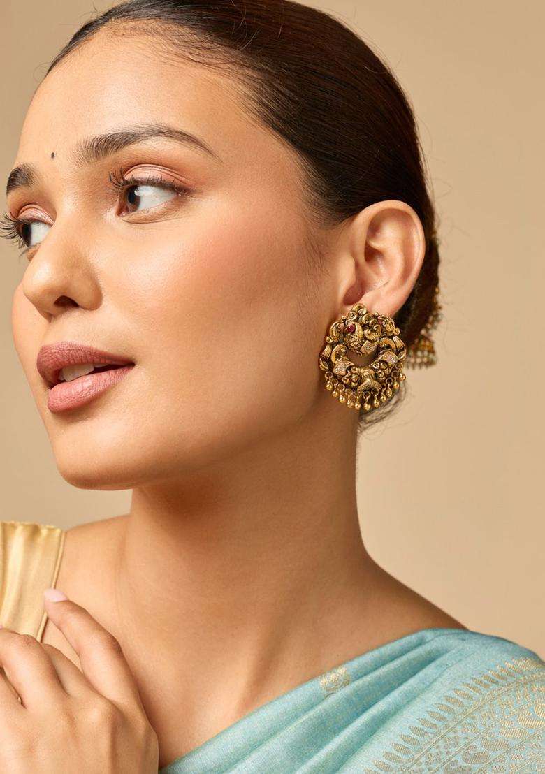 Gold-Plated 92.5 Pure Silver Stone Studded Temple Studs for Women | Traditional Temple Jewellery for Wedding & Festive Wear | Gift for Her - Indya