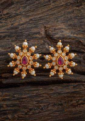 Gold-Plated Embellished Bridal Contemporary Studs Earrings with Zircon for Women | Traditional Temple Jewellery for Wedding & Festive Wear | Gift for Her