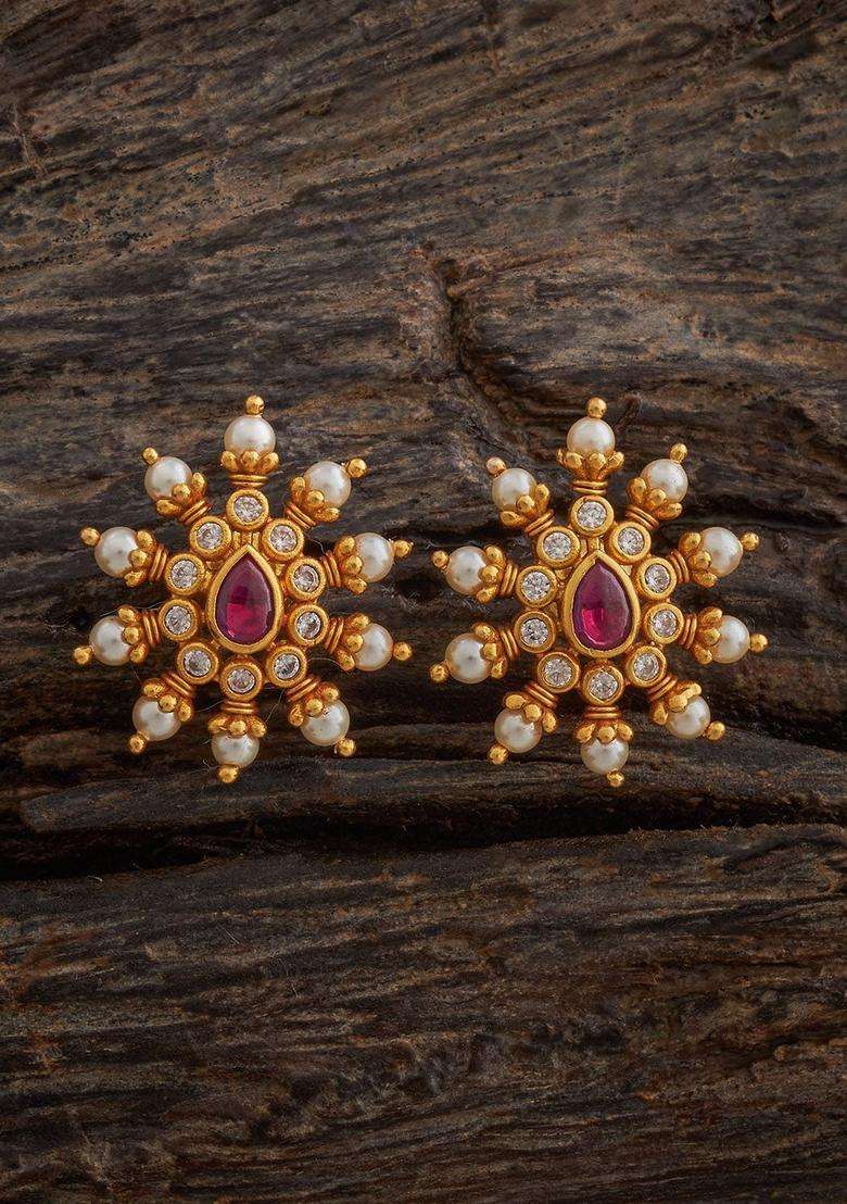 Gold-Plated Embellished Bridal Contemporary Studs Earrings with Zircon for Women | Traditional Temple Jewellery for Wedding & Festive Wear | Gift for Her - Indya