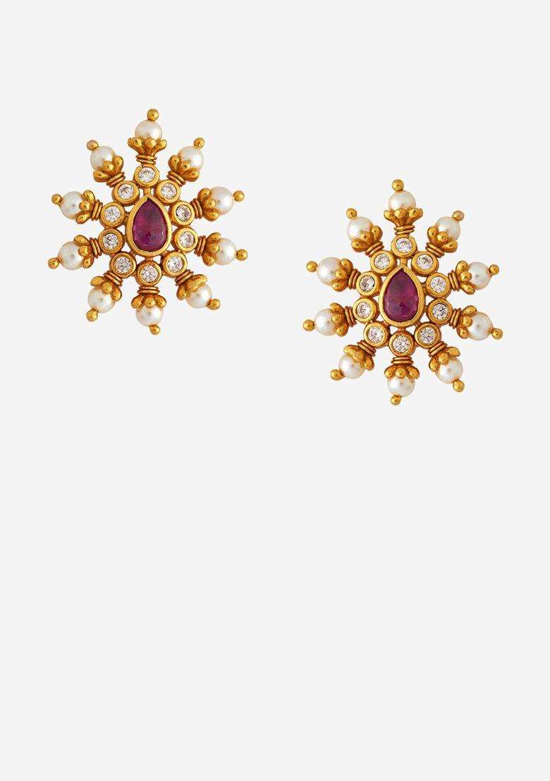 Gold-Plated Embellished Bridal Contemporary Studs Earrings with Zircon for Women | Traditional Temple Jewellery for Wedding & Festive Wear | Gift for Her - Indya