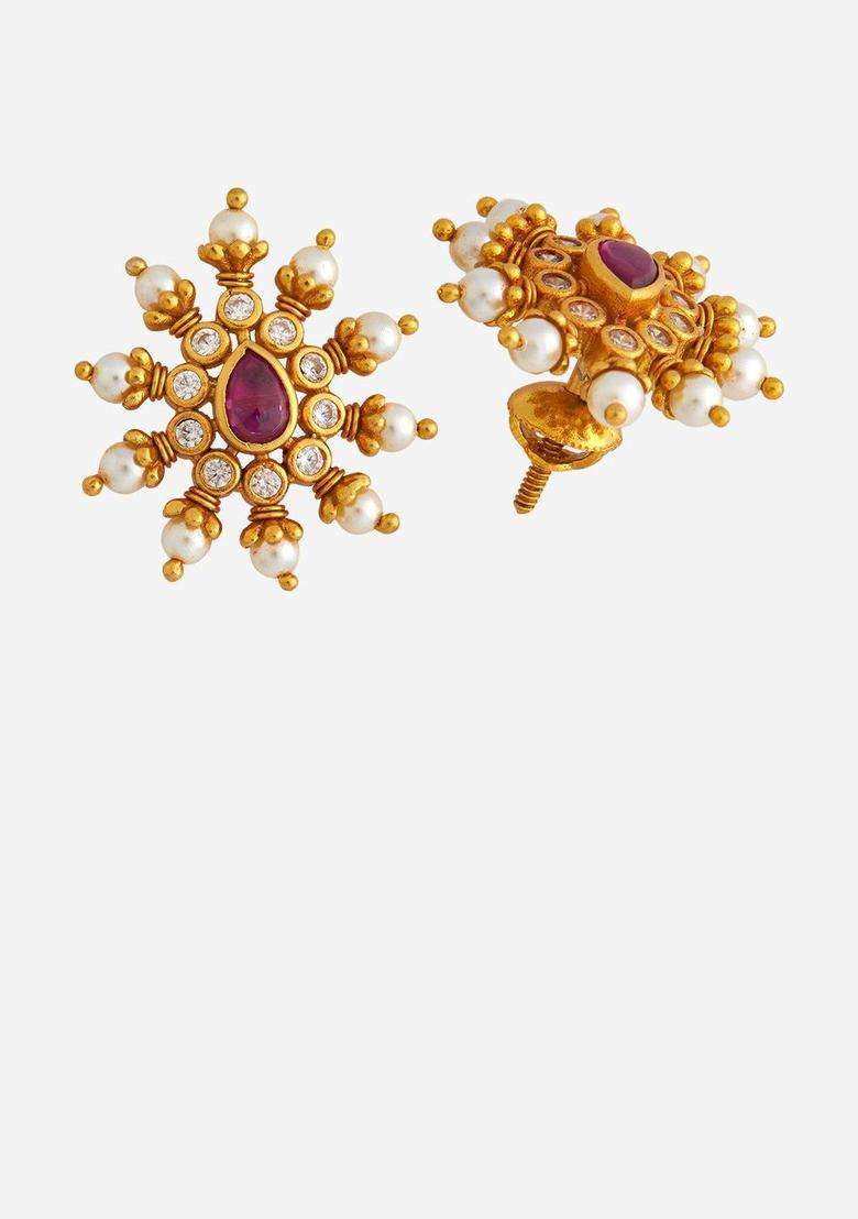 Gold-Plated Embellished Bridal Contemporary Studs Earrings with Zircon for Women | Traditional Temple Jewellery for Wedding & Festive Wear | Gift for Her - Indya