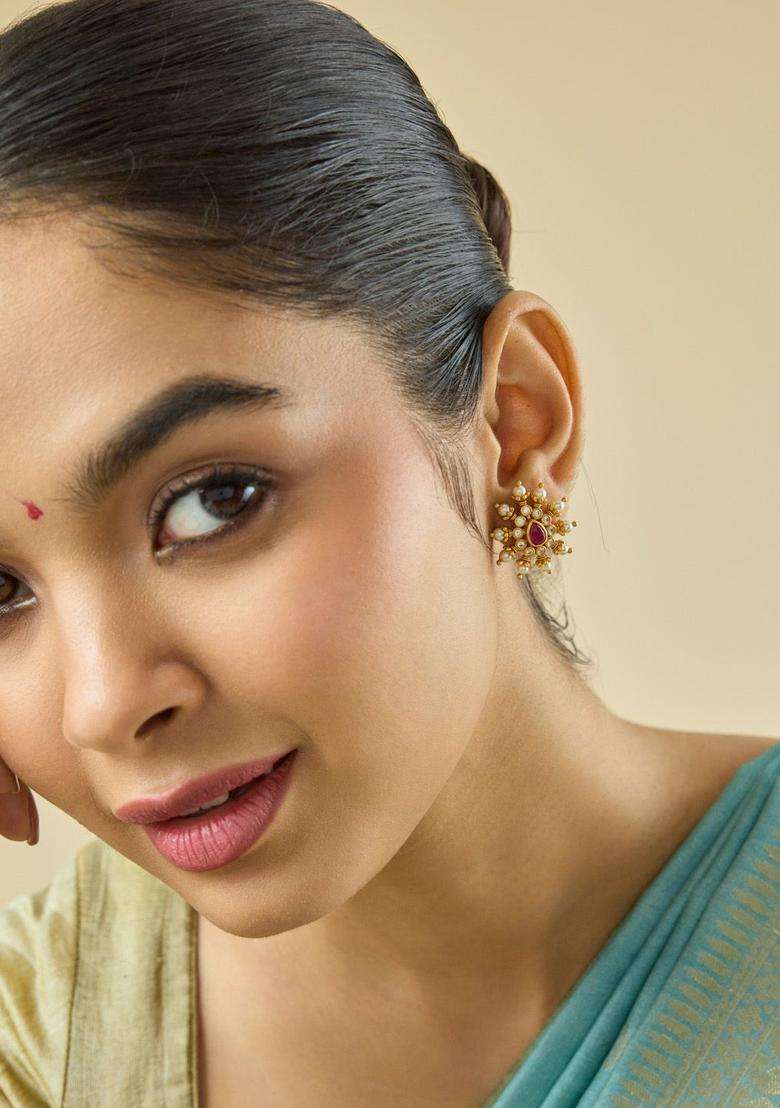 Gold-Plated Embellished Bridal Contemporary Studs Earrings with Zircon for Women | Traditional Temple Jewellery for Wedding & Festive Wear | Gift for Her - Indya