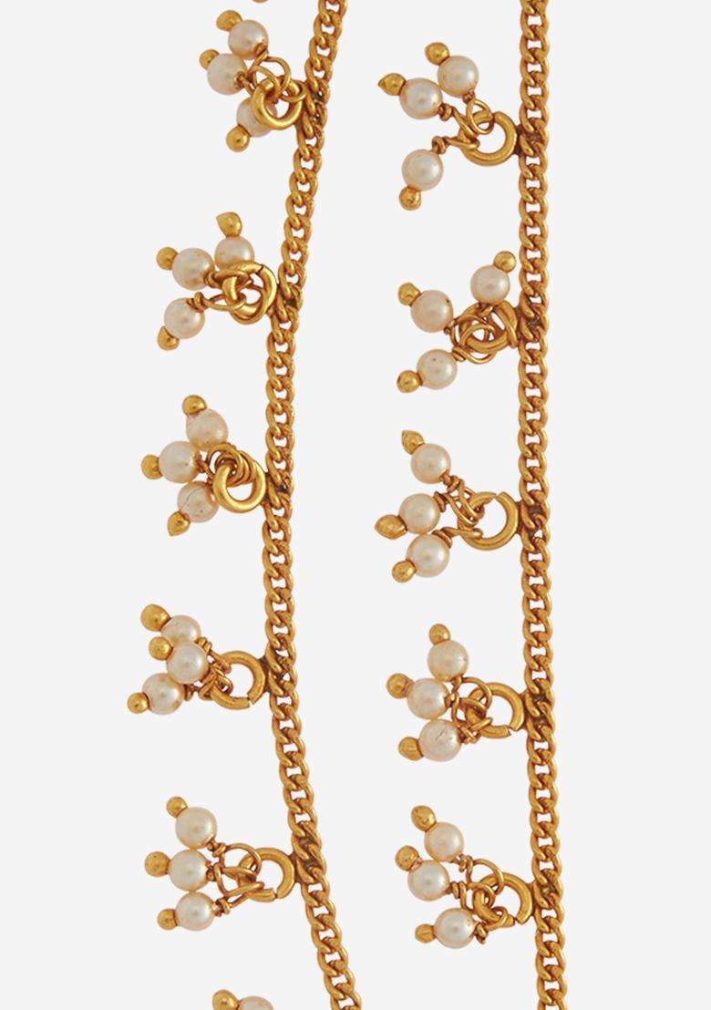 92.5 Pure Silver Gold-Plated Pearls Studded Temple Matil for Women | Traditional Temple Jewellery for Wedding & Festive Wear | Gift for Her - Indya