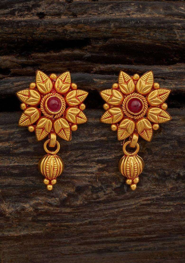92.5 Pure Silver Gold-Plated Stone Studded Temple Drop Earrings for Women | Traditional Temple Jewellery for Wedding & Festive Wear | Gift for Her - Indya