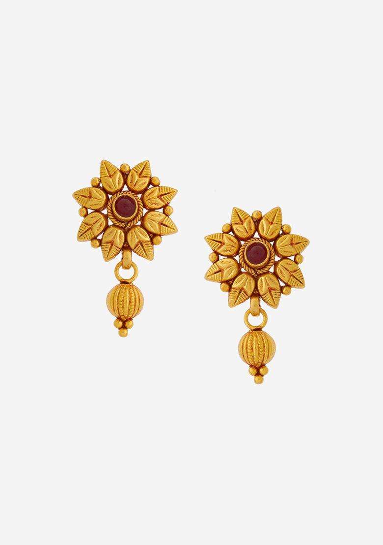 92.5 Pure Silver Gold-Plated Stone Studded Temple Drop Earrings for Women | Traditional Temple Jewellery for Wedding & Festive Wear | Gift for Her - Indya