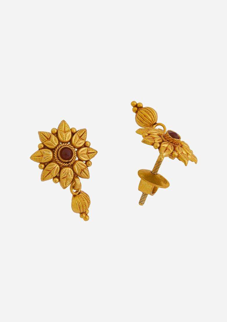 92.5 Pure Silver Gold-Plated Stone Studded Temple Drop Earrings for Women | Traditional Temple Jewellery for Wedding & Festive Wear | Gift for Her - Indya