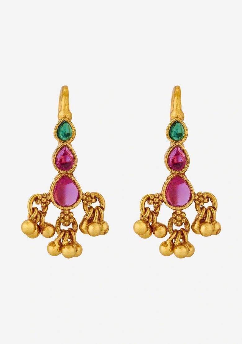 Gold-Plated Teardrop Shaped Drop Earrings for Women | Traditional Temple Jewellery for Wedding & Festive Wear | Gift for Her - Indya