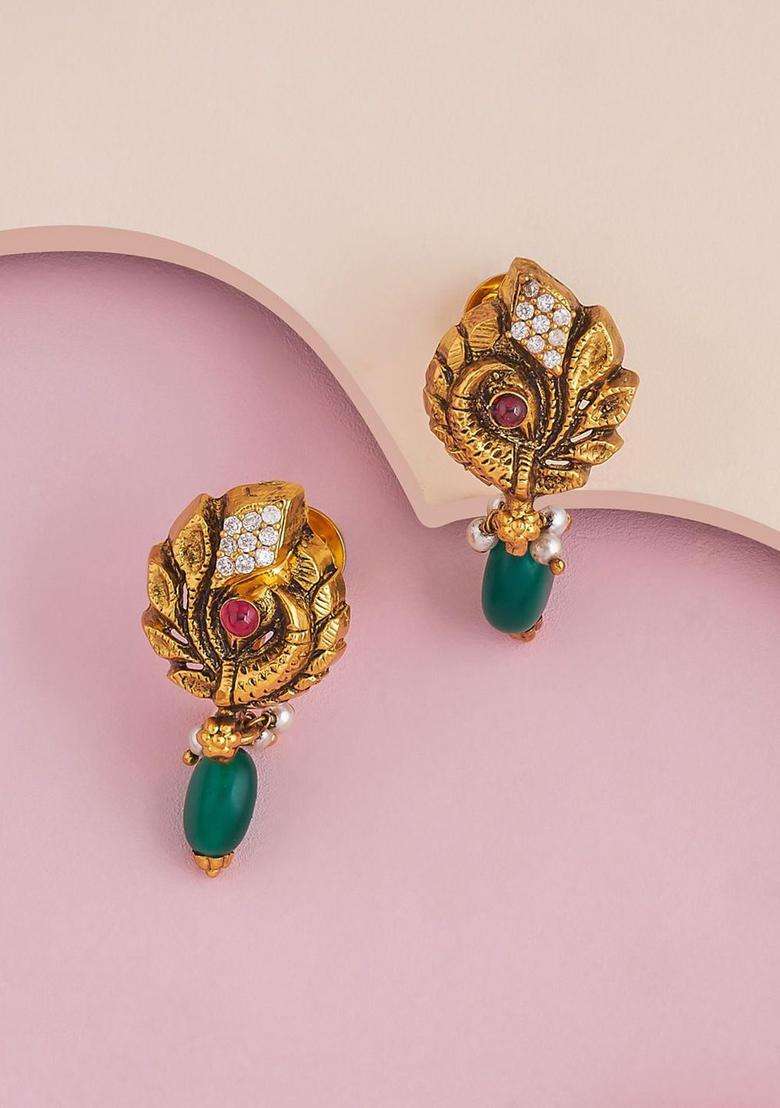Gold-Plated 92.5 Pure Silver Studded & Beaded Temple Studs for Women | Traditional Temple Jewellery for Wedding & Festive Wear | Gift for Her - Indya
