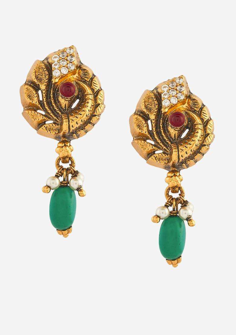 Gold-Plated 92.5 Pure Silver Studded & Beaded Temple Studs for Women | Traditional Temple Jewellery for Wedding & Festive Wear | Gift for Her - Indya