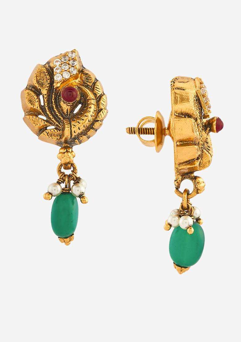 Gold-Plated 92.5 Pure Silver Studded & Beaded Temple Studs for Women | Traditional Temple Jewellery for Wedding & Festive Wear | Gift for Her - Indya