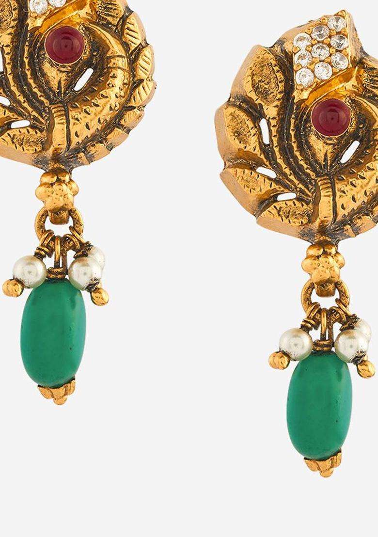Gold-Plated 92.5 Pure Silver Studded & Beaded Temple Studs for Women | Traditional Temple Jewellery for Wedding & Festive Wear | Gift for Her - Indya