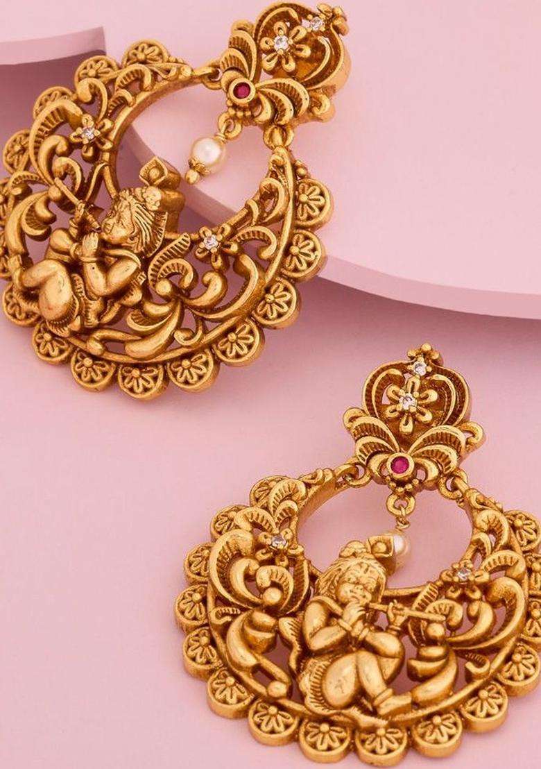 Gold-Plated Artificial Stones Studded Circular Drop Ruby Earrings for Women | Traditional Temple Jewellery for Wedding & Festive Wear | Gift for Her - Indya