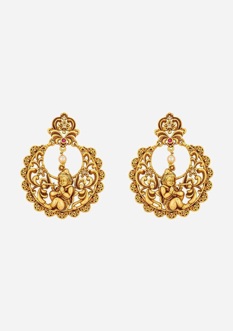 Gold-Plated Artificial Stones Studded Circular Drop Ruby Earrings for Women | Traditional Temple Jewellery for Wedding & Festive Wear | Gift for Her - Indya