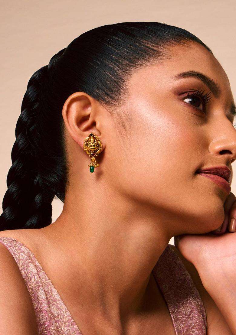 Temple Kushals Gold-Plated Stone-Studded Studs for Women | Traditional Temple Jewellery for Wedding & Festive Wear | Gift for Her - Indya