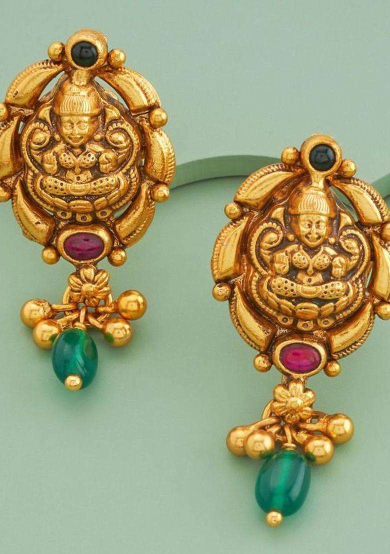 Temple Kushals Gold-Plated Stone-Studded Studs for Women | Traditional Temple Jewellery for Wedding & Festive Wear | Gift for Her - Indya