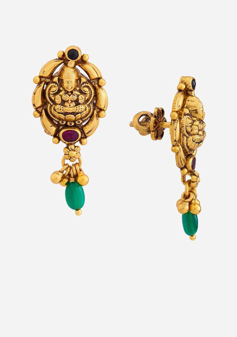 Temple Kushals Gold-Plated Stone-Studded Studs for Women | Traditional Temple Jewellery for Wedding & Festive Wear | Gift for Her - Indya