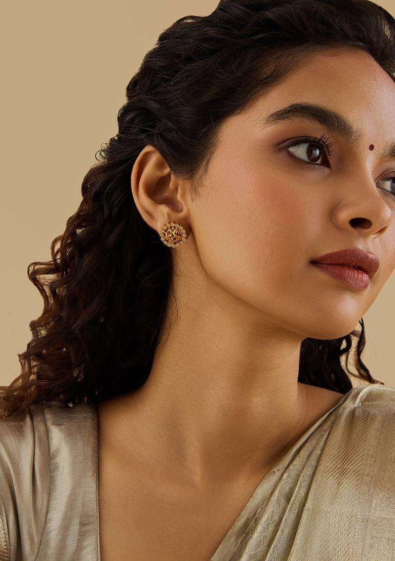 Embellished Bridal 92.5 Pure Silver Gold-Plated Peacock Studs for Women | Traditional Temple Jewellery for Wedding & Festive Wear | Gift for Her - Indya
