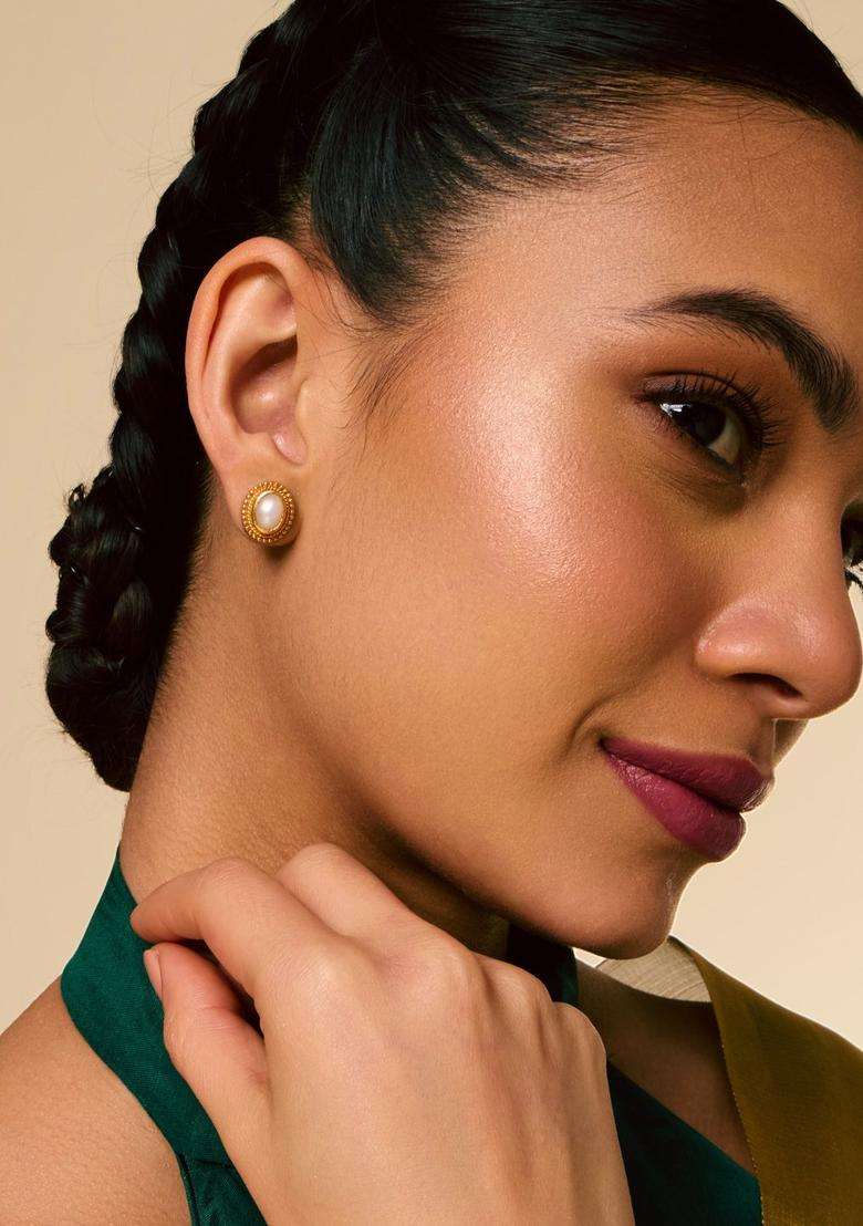 Temple Pearl Gold-Plated Studs for Women | Traditional Temple Jewellery for Wedding & Festive Wear | Gift for Her - Indya