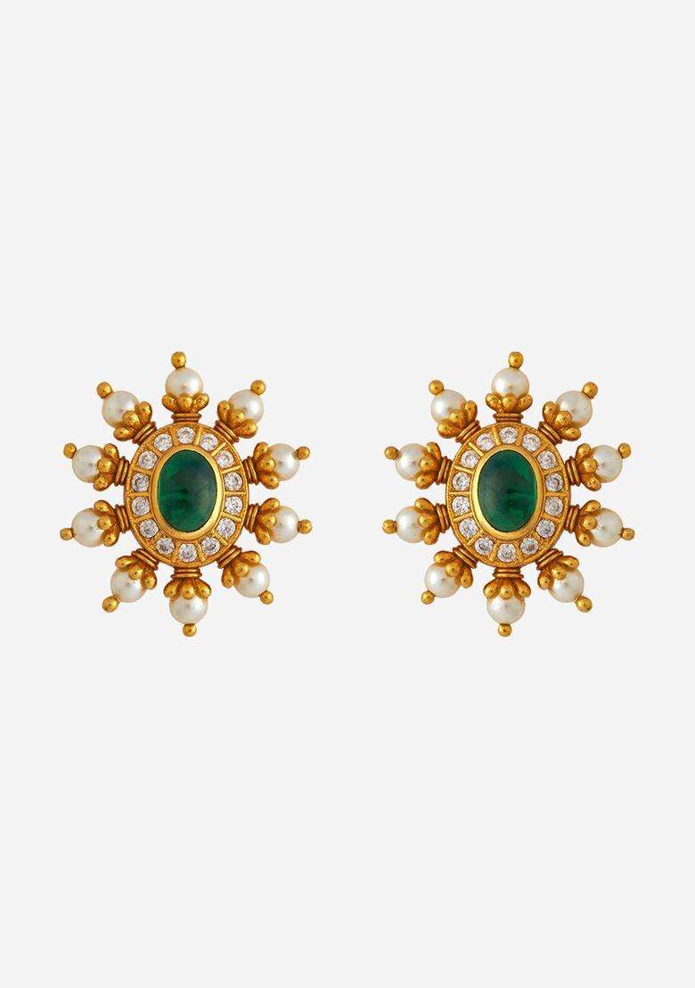 Zircon Kushals Gold-Plated Studs for Women | Traditional Temple Jewellery for Wedding & Festive Wear | Gift for Her - Indya