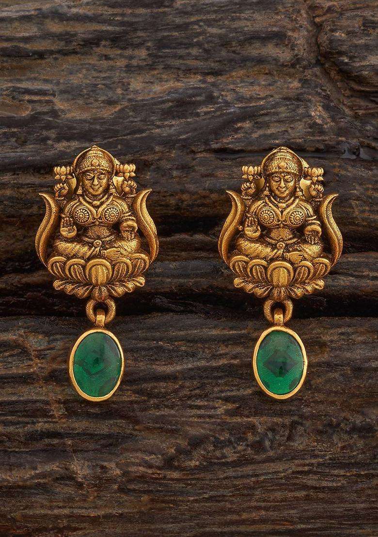 92.5 Pure Silver Green Oxidised Gold-Plated Studs Earrings for Women | Traditional Temple Jewellery for Wedding & Festive Wear | Gift for Her - Indya