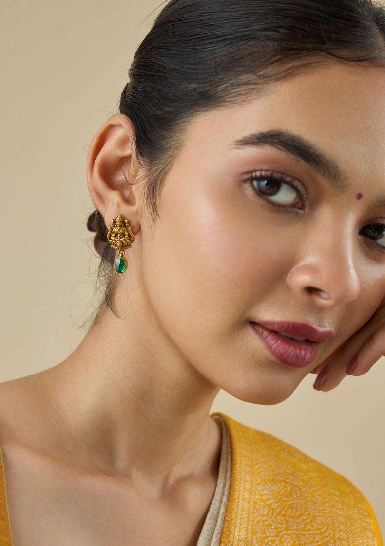 92.5 Pure Silver Green Oxidised Gold-Plated Studs Earrings for Women | Traditional Temple Jewellery for Wedding & Festive Wear | Gift for Her - Indya