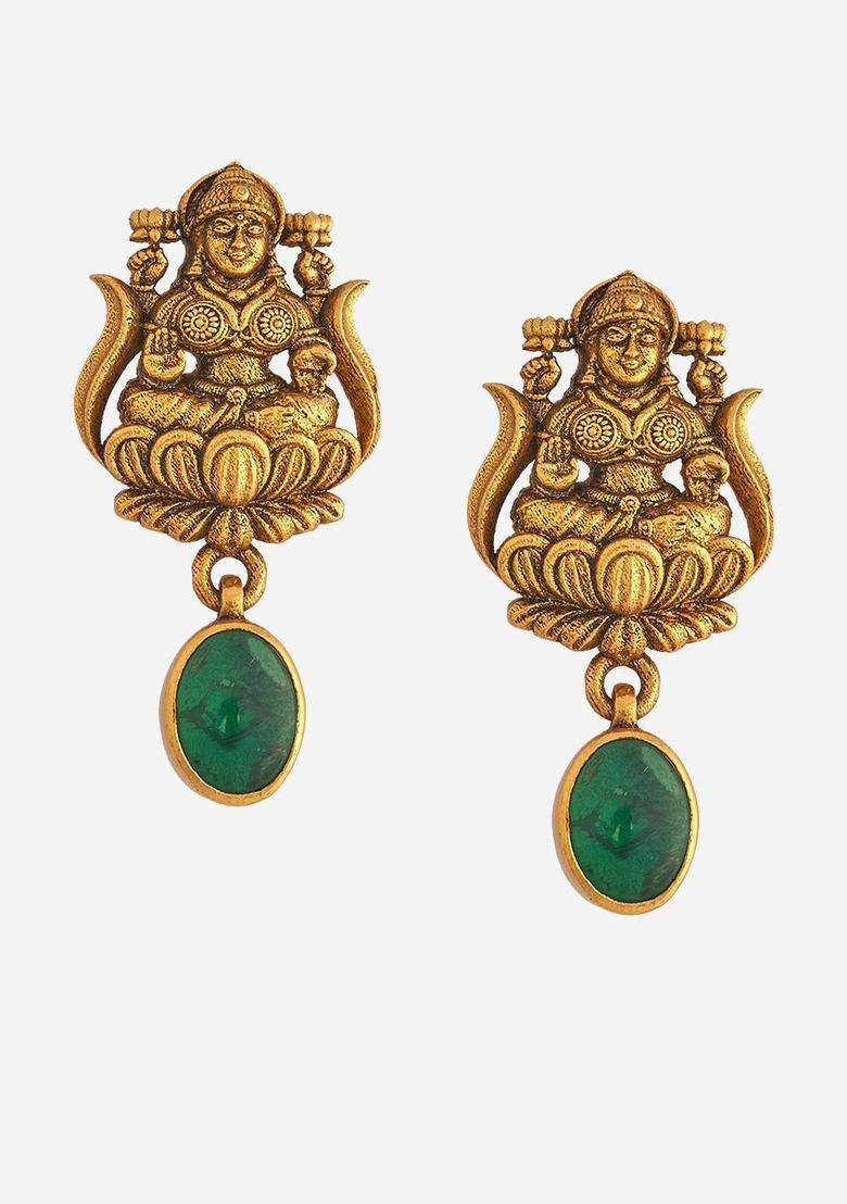 92.5 Pure Silver Green Oxidised Gold-Plated Studs Earrings for Women | Traditional Temple Jewellery for Wedding & Festive Wear | Gift for Her - Indya